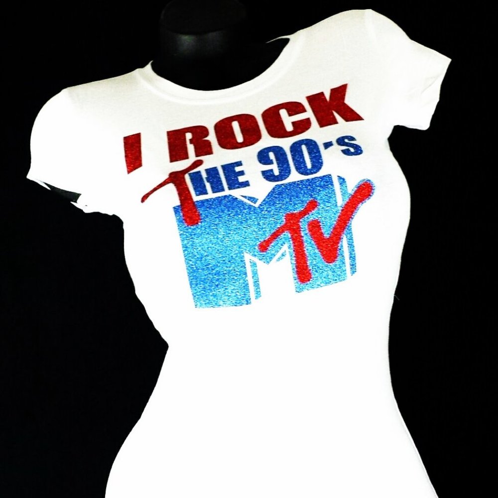 I Rock the 90's white fitted light weight tee with red & blue shiny lettering.